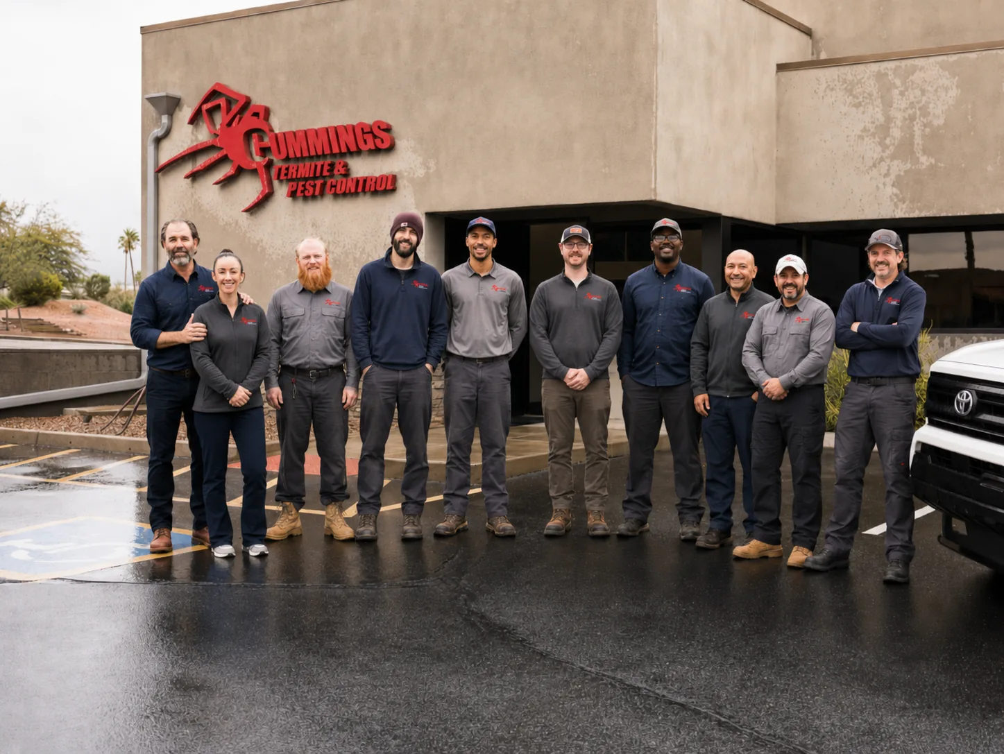 Cummings Termite and Pest team standing outside the company office