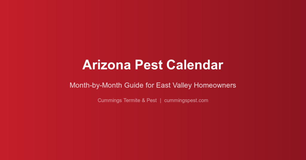 Arizona Pest Calendar graphic, featuring a month-by-month guide for East Valley homeowners, with branding for Cummings Termite & Pest.
