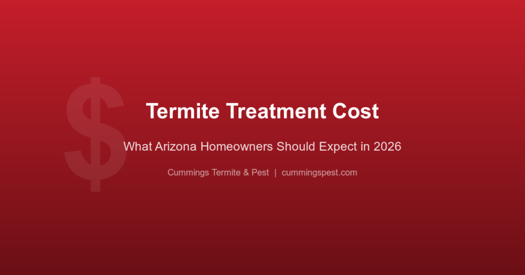 Termite treatment cost graphic for Arizona homeowners, featuring dollar sign and title text: "Termite Treatment Cost - What Arizona Homeowners Should Expect in 2026," by Cummings Termite & Pest.